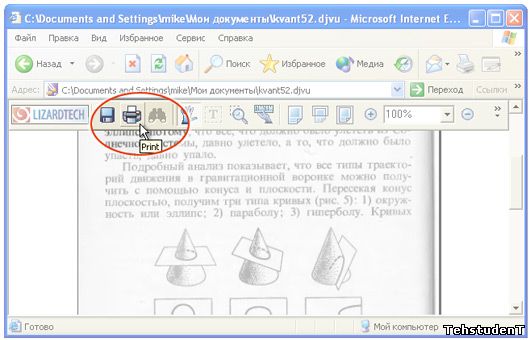 Откройте файл DjVu в программе Internet Explorer и нажмите кнопку Print в панели инструментов плагина.